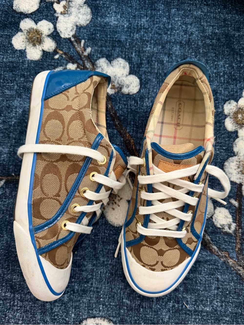 Coach Tan Signature Canvas Sneakers with Blue Trim